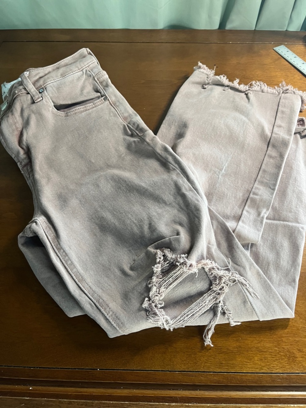 Risen High-Rise Distressed Jeans in Dusty Mauve
